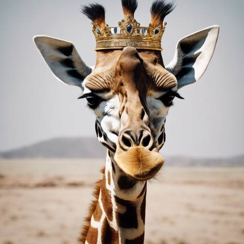 Portrait of a giraffe in royal attire, complete with a crown and golden necklace.