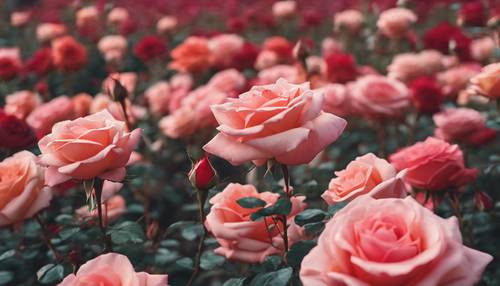 Một vườn hoa hồng màu ombre đang nở rộ, phát triển từ sắc hồng nhạt ở phía dưới đến màu đỏ rực ấn tượng ở phía trên.