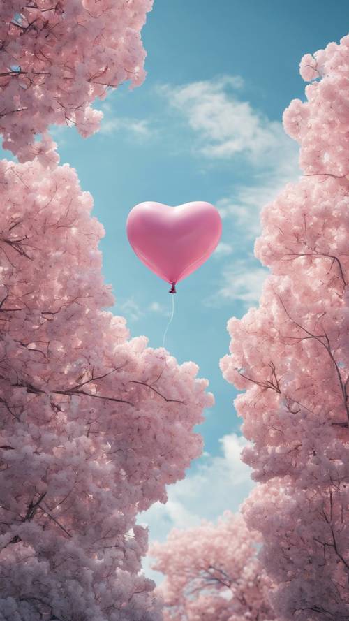 Um balão rosa em forma de coração flutuando no céu azul.