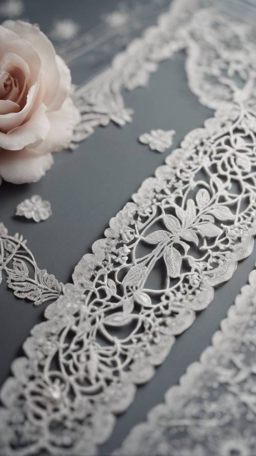 An intricate piece of light gray lacework with floral design on the backdrop of a vintage desktop.