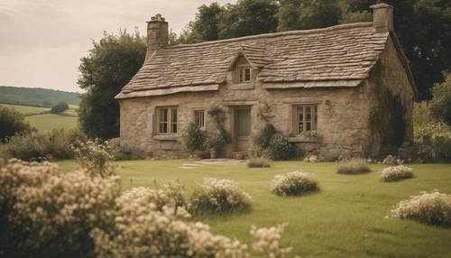 A rustic beige stone cottage nestled in a peaceful countryside setting.