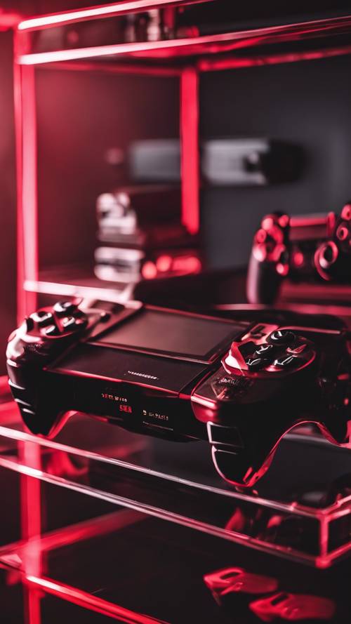 유리 선반 위에 빨간색과 검은색 테마의 고급 게임 콘솔이 서 있습니다.
