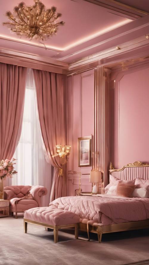 ピンクの壁、ゴールドのアクセント、高級な生地が特徴のおしゃれな寝室