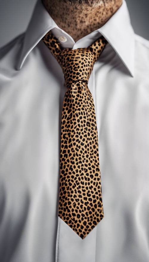 Düz beyaz bir gömleğin üstüne şık, çita desenli güzel bir kravat.