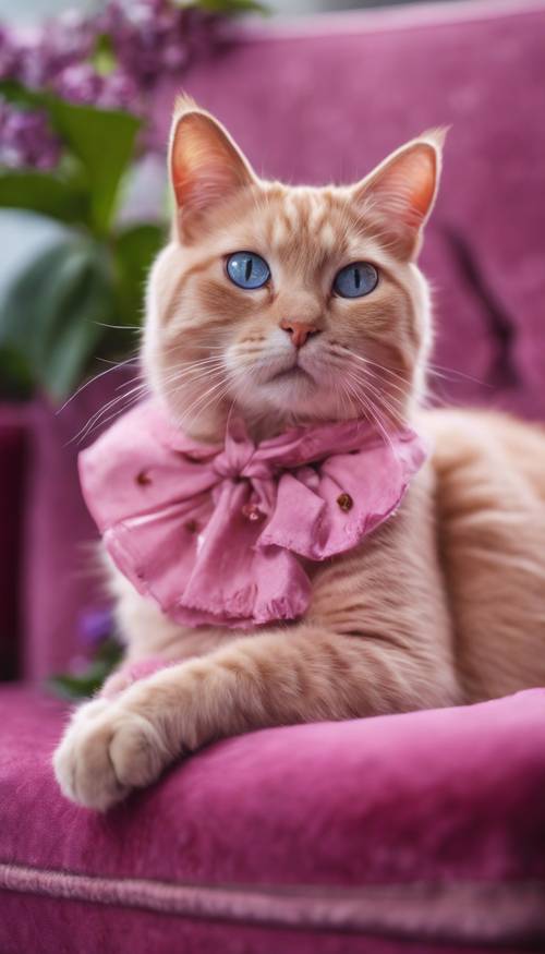 Un adorabile gatto rosa con gli occhi viola seduto comodamente su un cuscino color bacca.