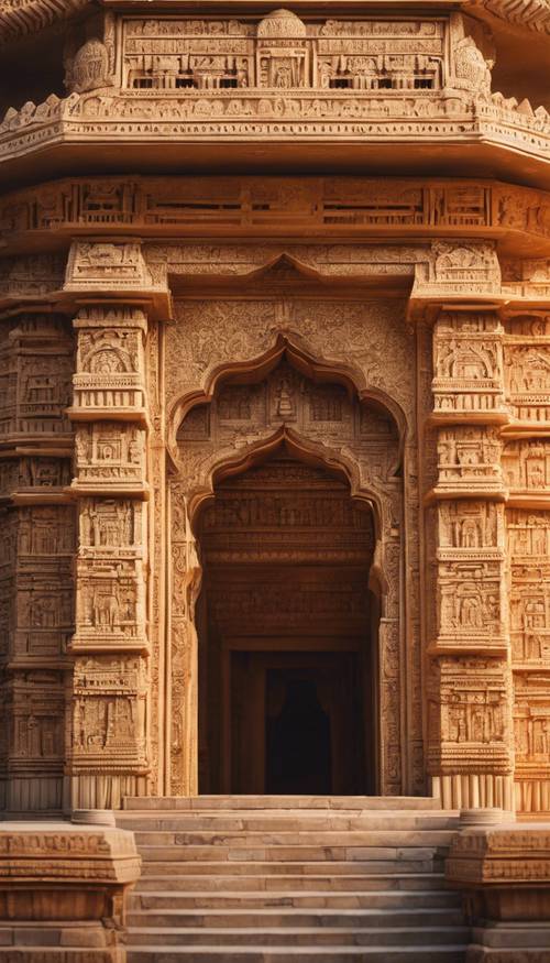 An intricately carved entrance of a traditional Delhi temple bathed in warm golden light. Tapeta [e04a65960a794c7bb0e8]