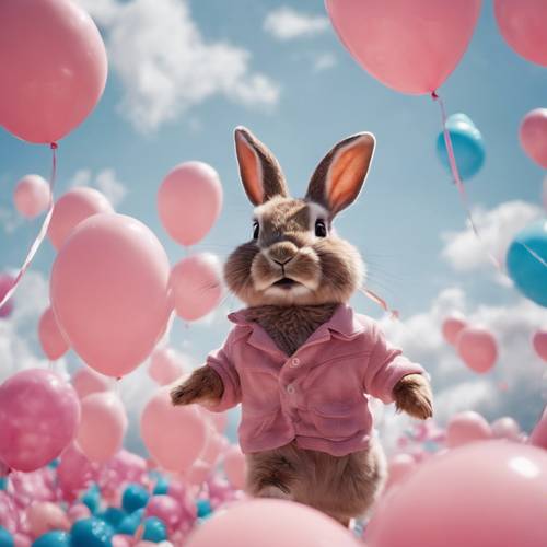 Seekor kelinci dengan bulu merah jambu seperti permen kapas dengan gembira menjelajahi langit yang dipenuhi balon-balon berwarna-warni yang mengambang.