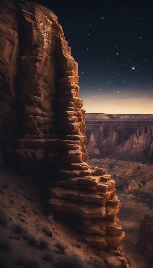 Yıldızlı bir gökyüzünün altında yüksek kaya yapısının ortasında esintilerin oynadığı geceleri izole edilmiş kanyon