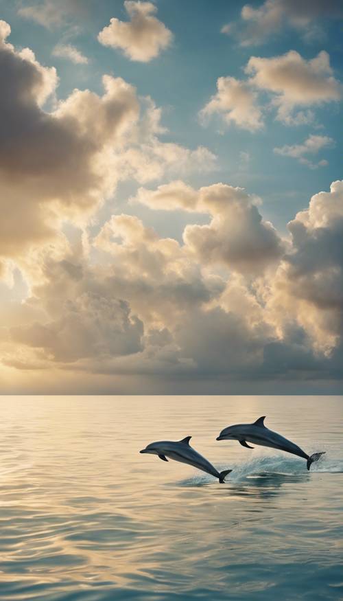 A landscape of vanilla clouds across the horizon of the calm ocean, with playful dolphins leaping out and back into the water.