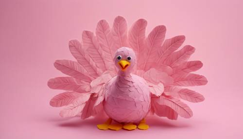 A pastel pink colored hand turkey craft made by a child for Thanksgiving.