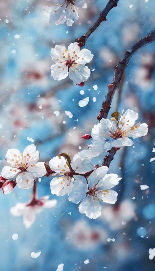 Un dipinto di fiori di ciliegio blu acquerellati che cadono dolcemente nel vento leggero.