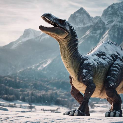 A majestic dinosaur standing tall amidst colossal mountains blanketed with snow.
