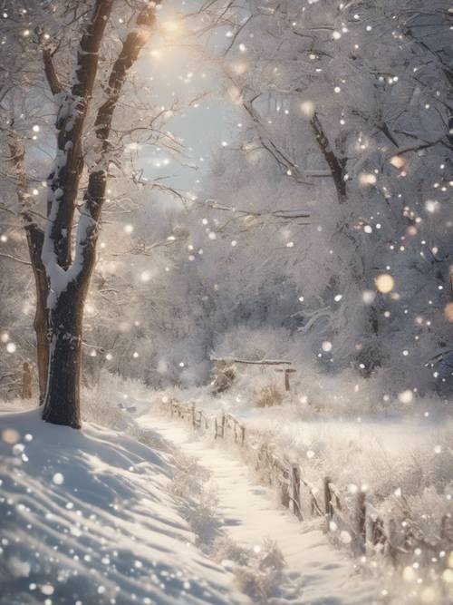 Kartka świąteczna w stylu vintage ze śnieżnym krajobrazem wzbogaconym białym brokatem