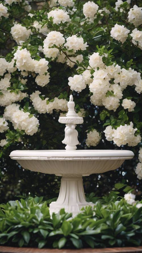 An ornate bird bath surrounded by blooming gardenias.