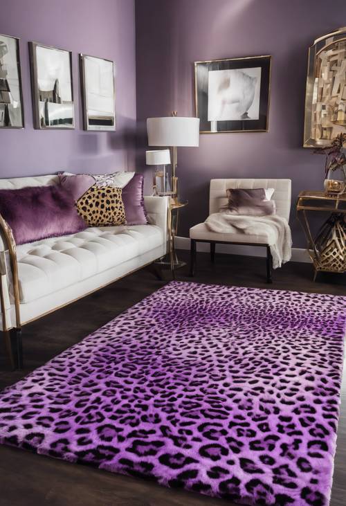 Peluche tappeto viola con stampa leopardata per un ambiente chic nel soggiorno.