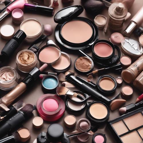 A makeup artist's table crowded with various brands of cosmetics ranging from foundation to lip gloss.