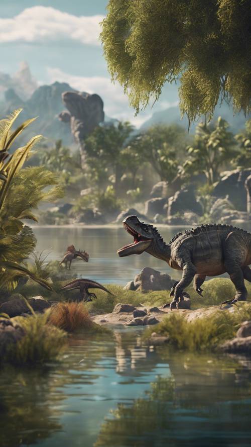 A busy prehistoric scene where a variety of dinosaurs are coexisting near a large, crystal-clear lake. Kertas dinding [72f1391e86ca4aefbad0]