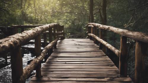 Un puente de madera desgastado de color marrón oscuro que cruza un tranquilo arroyo en el bosque.