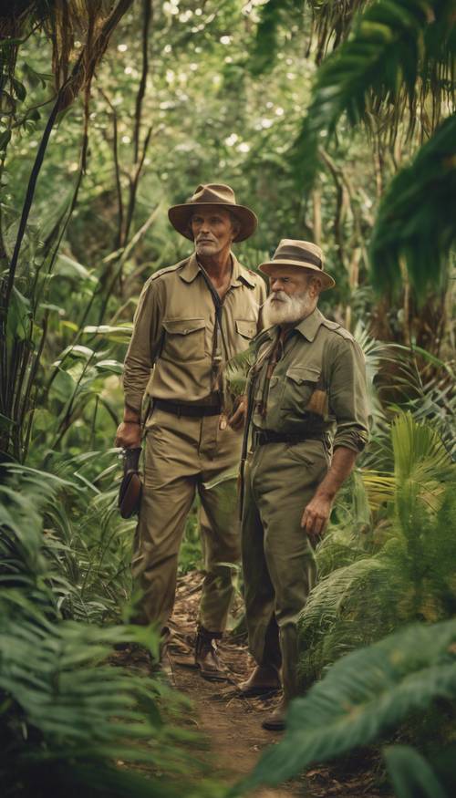 A vintage jungle safari scene: explorers in old-fashioned attire amidst the vibrantly colored, overgrown greenery.