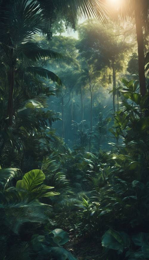 A lush, dense jungle illuminated by the soft glow of a moonlit sky, turning everything a shade of tranquil blue.