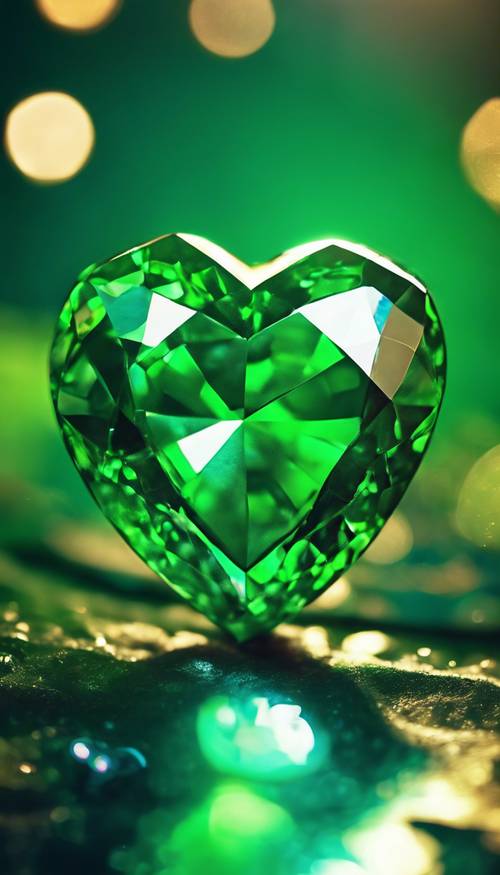 Una gema verde vibrante con forma de corazón que brilla bajo una luz brillante.