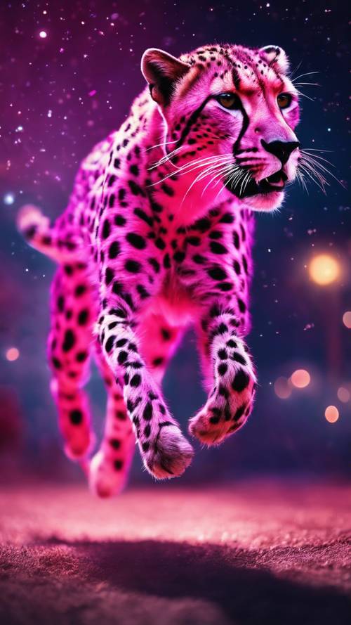 Неоново-розовый гепард стремительно мчится с предельной элегантностью под ночным небом, наполненным яркими звездами.