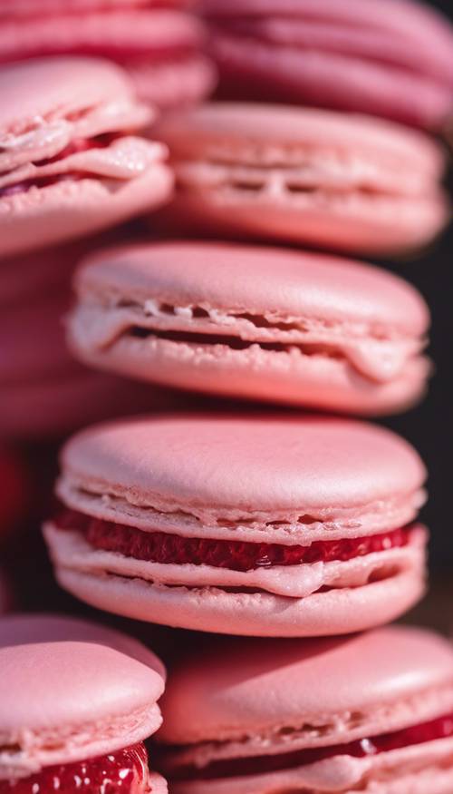 An up-close view of a pink strawberry-flavored macaron with a glossy finish.