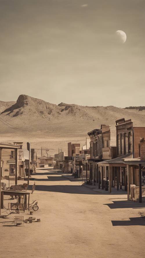 Una rappresentazione nostalgica dello skyline di una vecchia città western deserta a mezzogiorno.