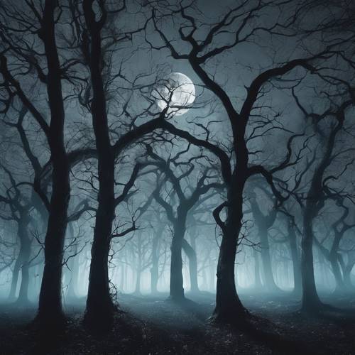 An eerie gothic forest with twisted trees and moonlight.