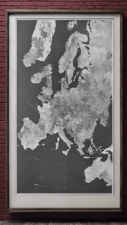 An antique grayscale map of the world framed and hung on a burgundy wall.