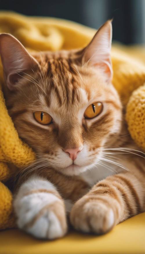 قطة برتقالية ذات خطوط مستلقية نائمة على سرير أصفر مريح.