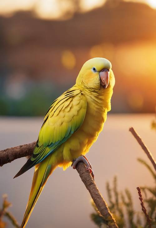 Perruche jaune chantant une chanson au lever du soleil.