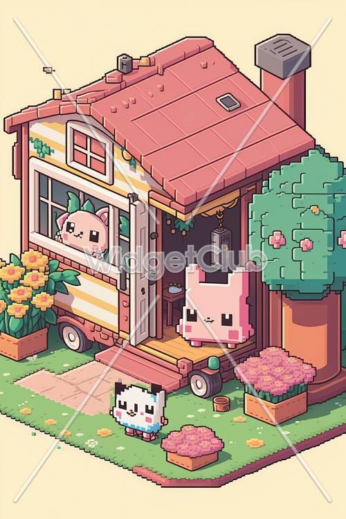 Cute Cartoon Animals and House Scene