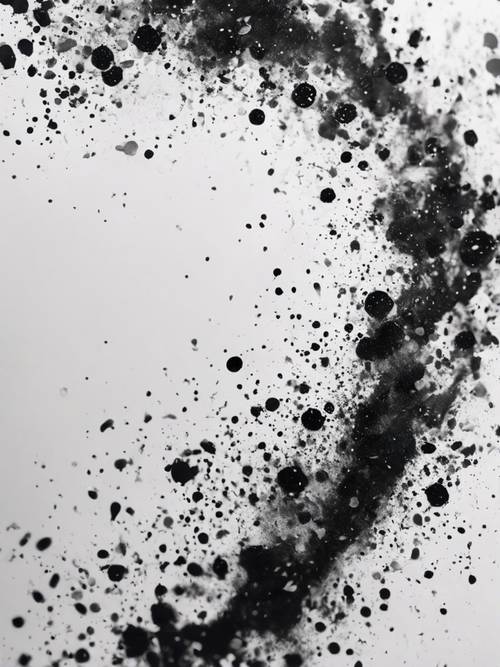 Tinta glitter preta espirrou artisticamente em papel branco, formando uma obra de arte abstrata.