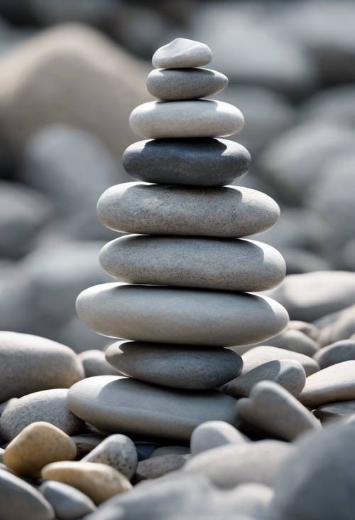 Una serie di pietre di fiume grigio chiaro impilate armoniosamente in stile Zen.
