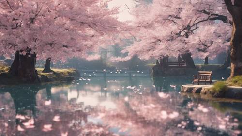 Uno stagno sereno circondato da alberi di ciliegio in fiore, i cui petali cadono dolcemente sulla superficie riflettente dell&#39;acqua.