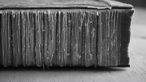Gambar close-up sampul buku abu-abu tua dan lapuk dalam skala abu-abu.