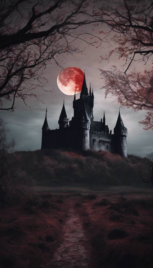 A brooding, shadowy landscape under a blood moon, with a black gothic castle dominating the scene.