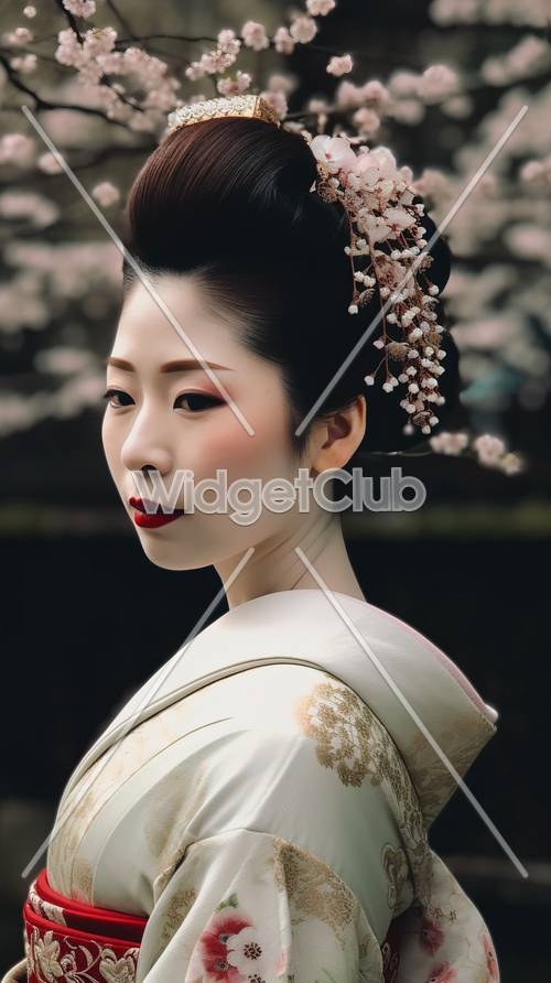 Cherry Blossom Elegance with Traditional Kimono 벽지[ed214f2dae4b4ff2863e]