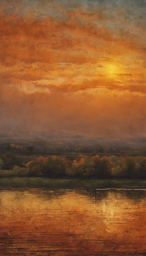 Une scène de coucher de soleil peinte sur une toile très texturée, utilisant uniquement des nuances de mandarine et de jaune.
