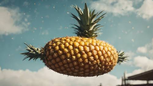 A pineapple zeppelin hovering in the sky.