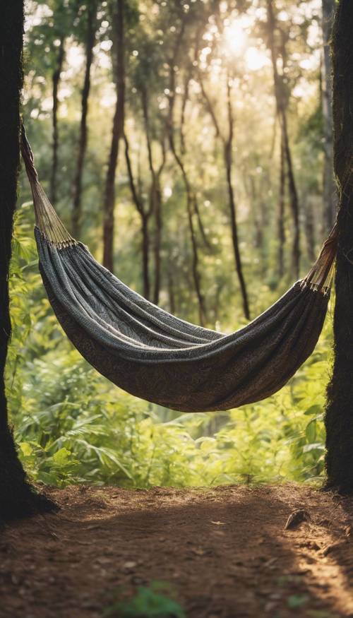 Uma vista panorâmica de um retiro tranquilo na floresta de inspiração boho, com uma rede esticada entre duas árvores altas e folhagem densa ao fundo.
