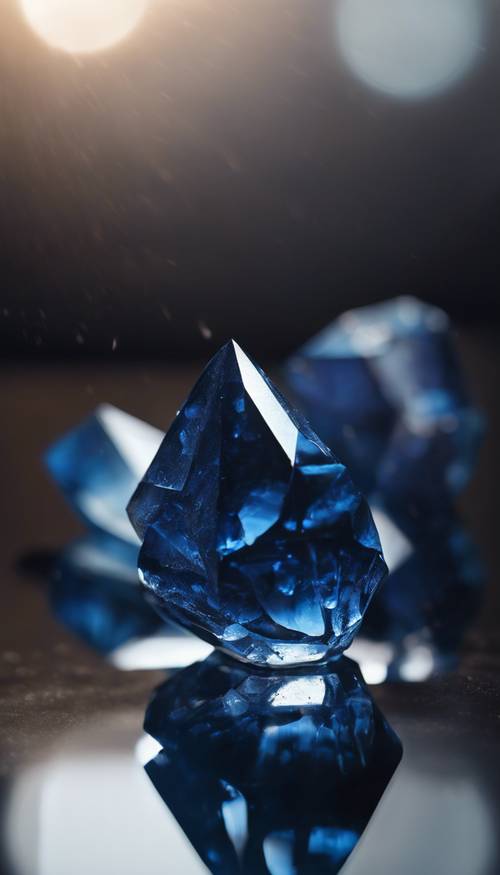 Ästhetische Sammlung verschiedener dunkelblauer Kristalle auf einer reflektierenden Oberfläche