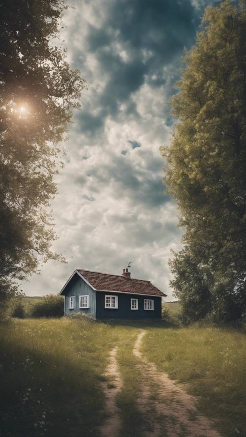 A painted picture of a cloudy sky over an isolated cottage.