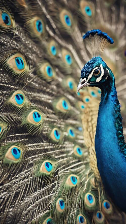 A close-up image of a gray peacock, with a mesmerizing tailfeather display.