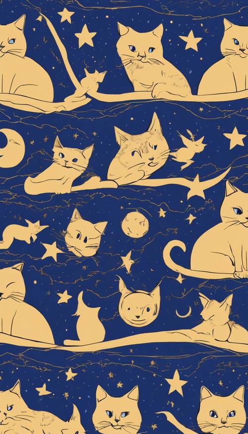 A pattern featuring witches, black cats, and moon crescents against a cobalt blue backdrop. Wallpaper [8ea60931f9074ec4971c]