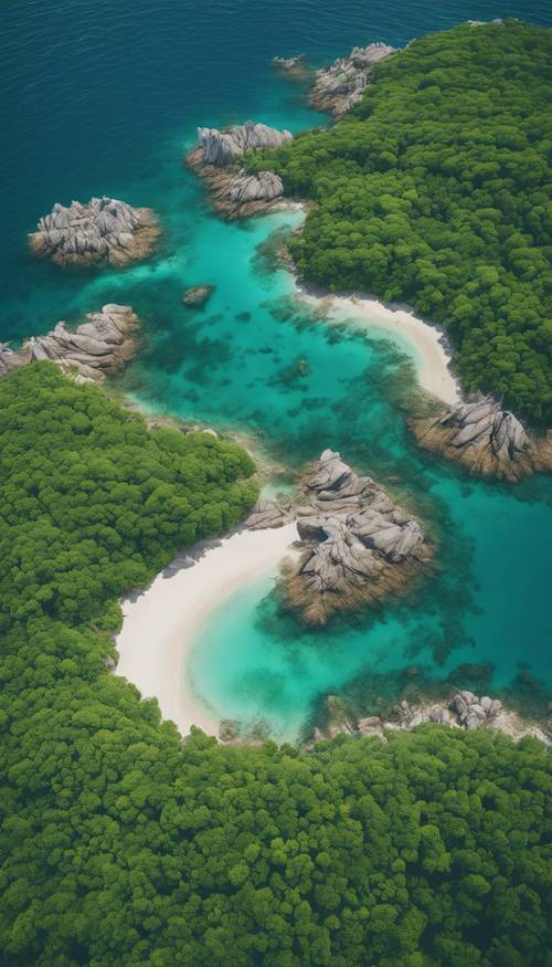 An aerial view of an archipelago in the middle of the ocean characterized by emerald green islands and the swirling blue waters around them.