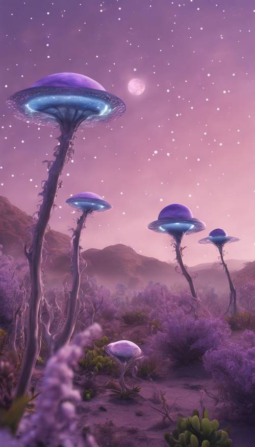 Un paesaggio alieno che mostra una flora surreale e bioluminescente sotto un cielo lilla spolverato con più lune