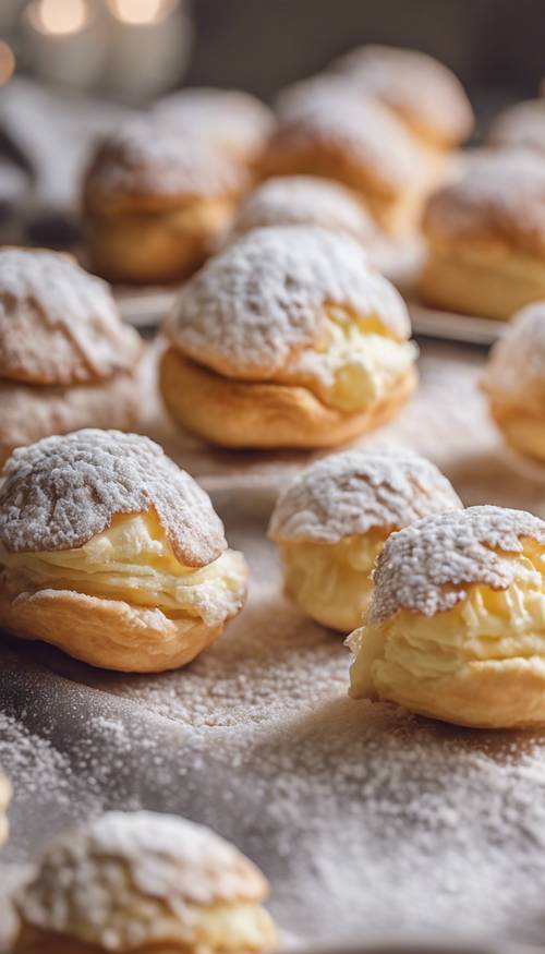 A delicate cream puff filled with a sweet, light pastry cream, dusted with powdered sugar.