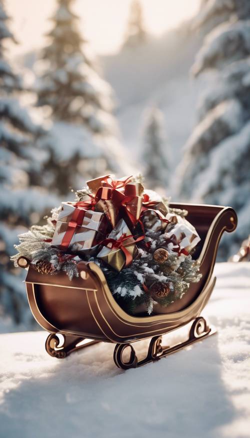 A brown Christmas sleigh loaded with gifts sliding down from a snowy hill.